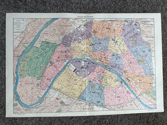 1898 Paris Original Antique Map - France - Parisian Decor