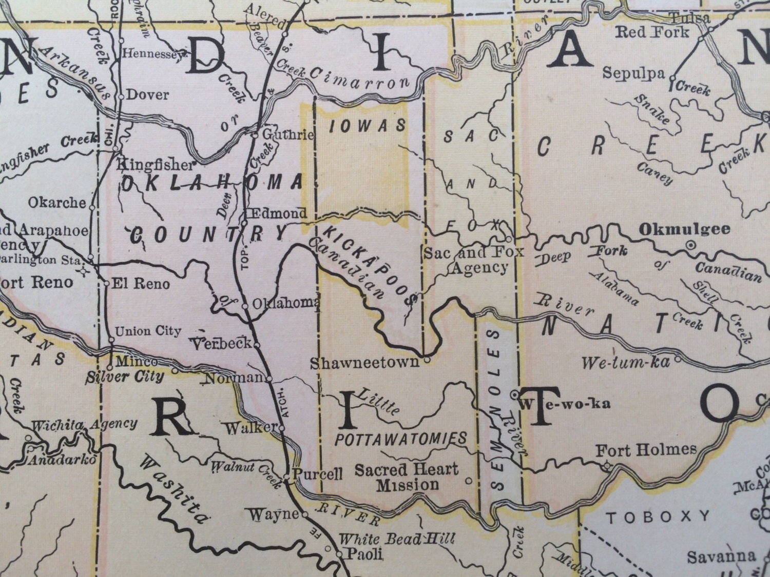 1891 INDIAN TERRITORY Original Antique Map, 8.5 x 11.5 inches, Rand