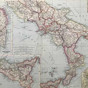 1903 Süditalien & Sardinien Große Original antike Landkarte mit Nebenkarten von Sardinien, Sizilien, Rom und Neapel