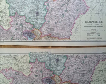 1907 HAMPSHIRE Set of 2 Large Original Antique Maps, 20.5 x 13.5 inches each, historical wall decor, George W Bacon maps