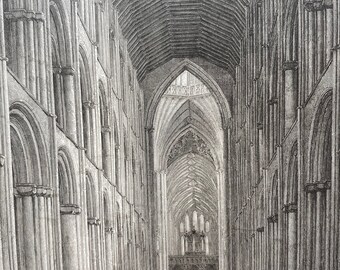 1838 Ely Cathedral - Nave Original Antique Engraving - Cambridgeshire - Architecture - Mounted and Matted - Available Framed