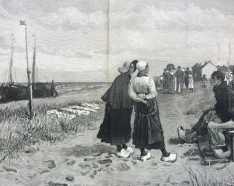 1883 A Dutch Seaside Resort: Discussing the New Arrivals by G. H. BoughtonOriginal Antique Engraving, Victorian Decor, Holland, Netherlands