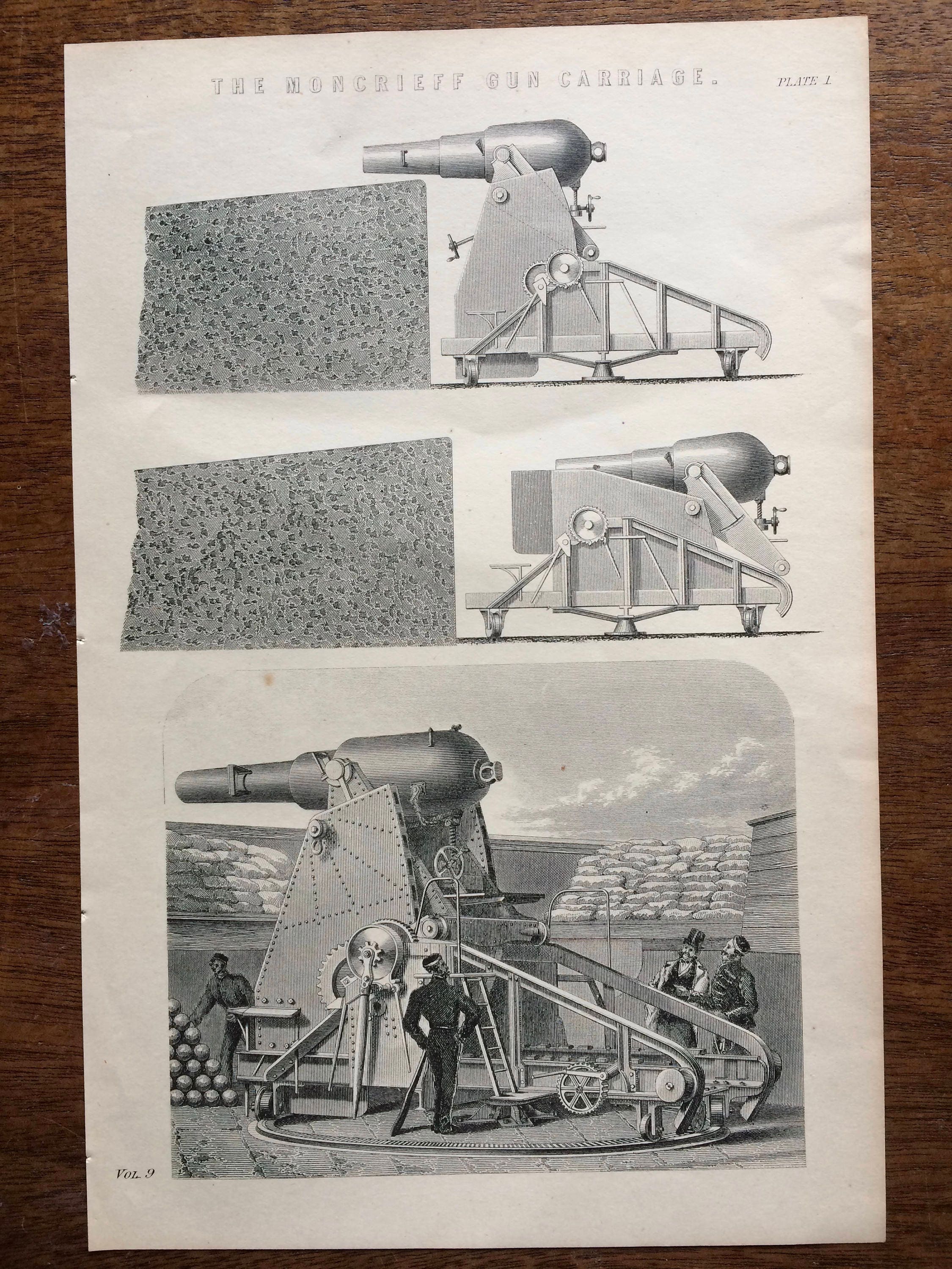 1880 Moncrieff Gun Carriage Original Antique Steel Engraving