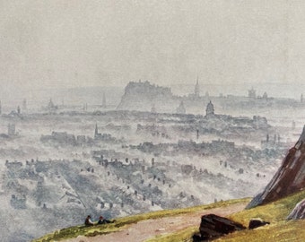 1922 Edinburgh, from Salisbury Crags - Evening Original Antique Print - Scotland - Mounted and Matted - Available Framed