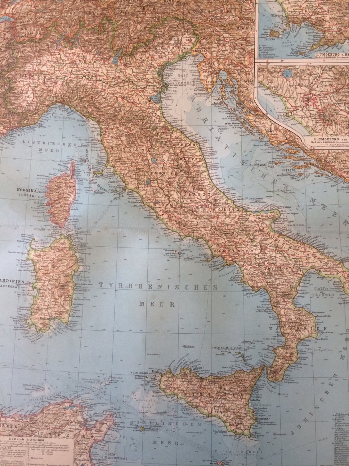 1914 ITALY Large Original Antique Map, 17 x 22 inches, historical wall