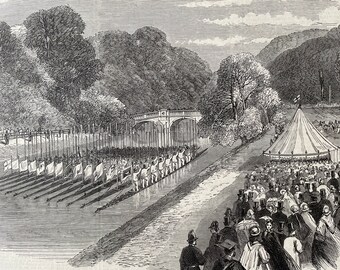 1864 The Boat Procession on the River Cam in honour of the Prince and Princess of Wales Original Antique Engraving - Available Framed