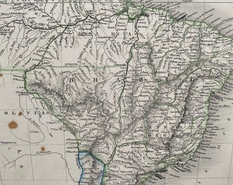 1853 Brazil Original Antique Map with diagram of highest mountains - Hand-Coloured Engraved Map - Available Framed