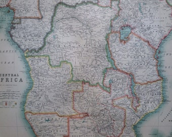 1907 CENTRAL AFRICA original antique map, cartography, historical map, wall decor, home decor, W & A. K Johnston Atlas