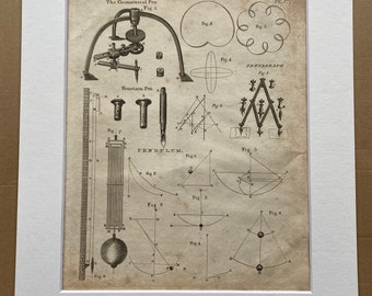 1806 Geometrical Pen, Pentagraph and Pendulum Original Antique Engraving - Encyclopaedia - Mounted and Matted - Available Framed