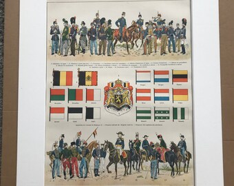 1897 Belgium - Army and Flags Original Antique Print - Military Decor - Belgian History - Mounted and Matted - Available Framed