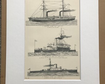 1891 War Vessels Original Antique Print - Military Decor - Inflexible, Collingwood and Trafalgar - BLR & MLR Guns - Available Framed