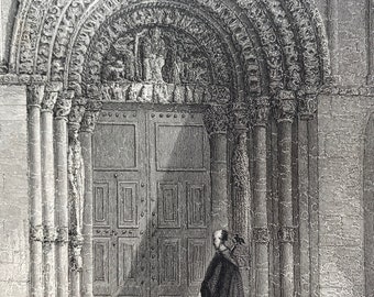 1836 Rochester Cathedral - West Doorway Original Antique Engraving - Architecture - Kent - Mounted and Matted - Available Framed