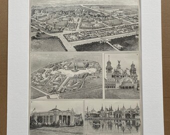 1897 Expositions Original Antique Print - Saint Louis, Marseille, Glasgow, Milan, Hanoi - Mounted and Matted - Available Framed