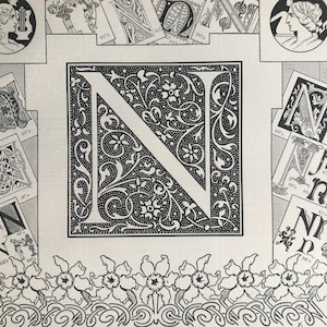 1897 Letter N - Decorative Alphabet Letter Original Antique Print - Birthday Gift - Mounted and Matted - Available Framed