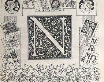 1897 Letter N - Decorative Alphabet Letter Original Antique Print - Birthday Gift - Mounted and Matted - Available Framed