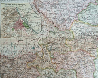 1903 Austro-Hungarian Empire (western part) Original Large Antique Map with inset map of Vienna -  Bohemia, Moravia, Tyrol, Austria