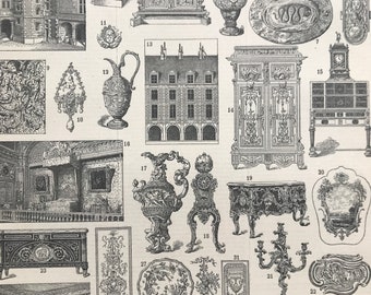 1897 French Fine Arts Original Antique Print - France  Furniture, Architecture, Interior Design - Mounted and Matted - Available Framed