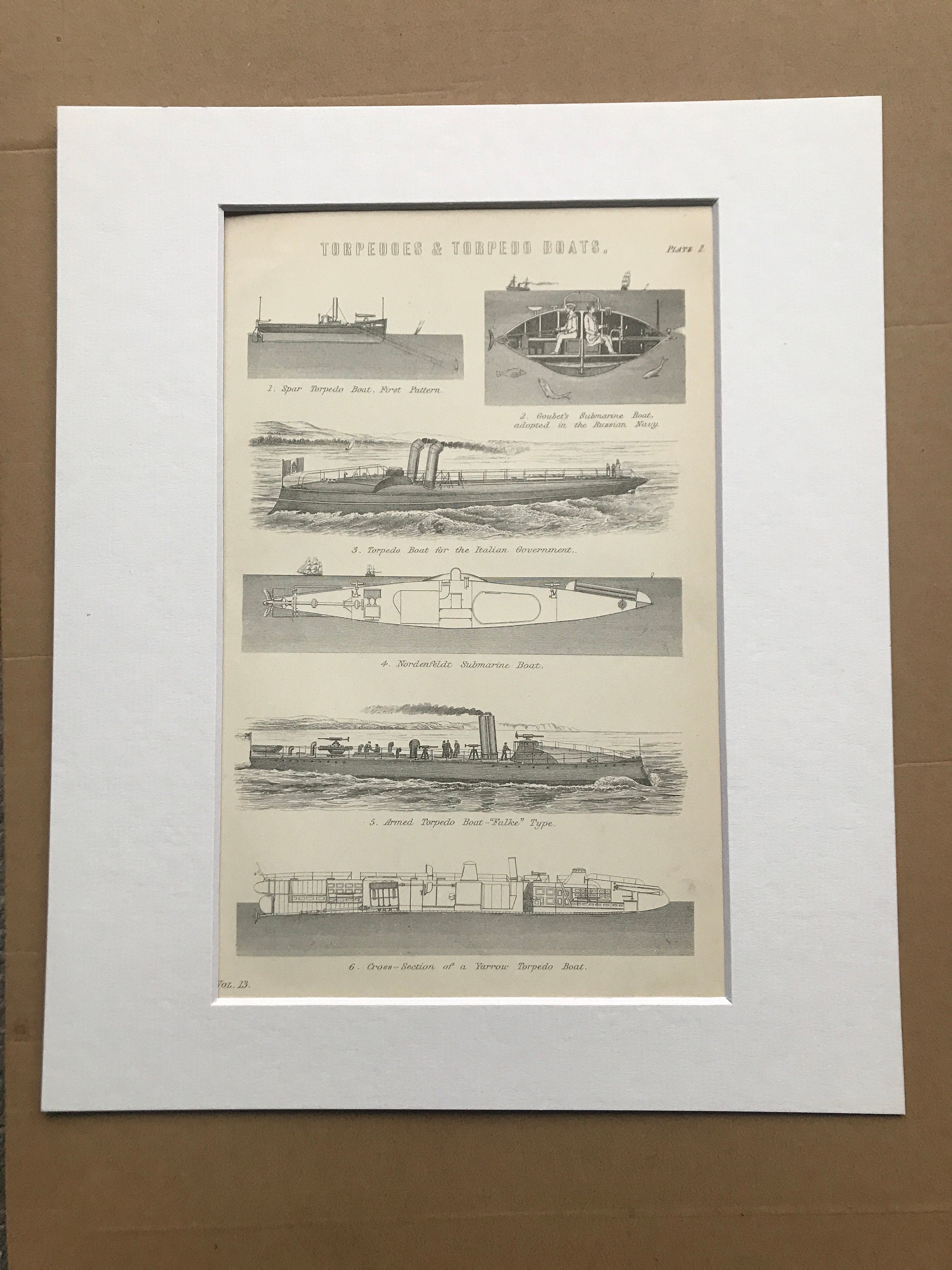1895 Antique extra large print of a TORPEDO BOAT. Gunboats. Pre Dreadnought.