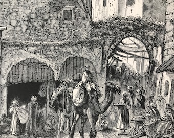 1880 The Street of the Damascus Gate Original Antique Engraving - Jerusalem - Mounted and Matted - Available Framed - Palestine