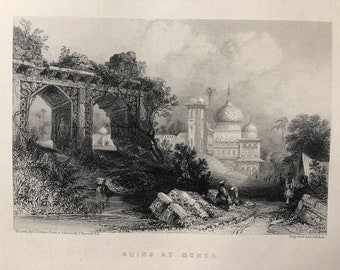 1871 Ruins at Monea Original Antique Steel Engraving - India - Landscape - Mounted and Matted - Available Framed