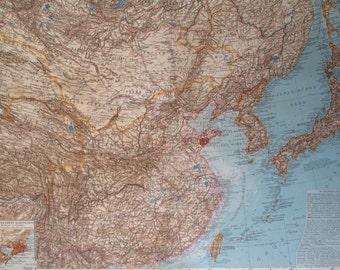 1914 EAST ASIA Large Original Antique Map, 17 x 22 inches, historical wall decor, Debes Atlas, Home Decor, Cartography, Geography