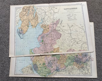 1902 Lancashire Set of 2 Large Original Antique Maps showing railways, stations, crossroads, canals - England