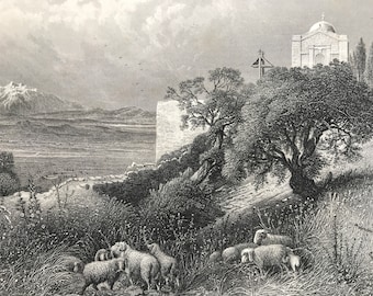 1880 Mount Tabor Original Antique Engraving - Mounted and Matted - Available Framed - Palestine - Israel