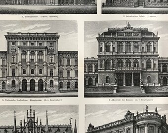 1897 Munich Buildings Original Antique Print - Available Framed - Germany - Civil Architecture - Vintage Wall Decor