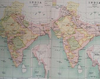 1908 India Historical Map showing India in 1837 and 1857 Original Antique Map - Available Mounted and Matted or Framed - Cartography