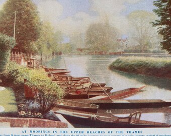 1940s Boats moored in Halliford, Middlesex Original Vintage Print - River Thames - Mounted and Matted - Available Framed