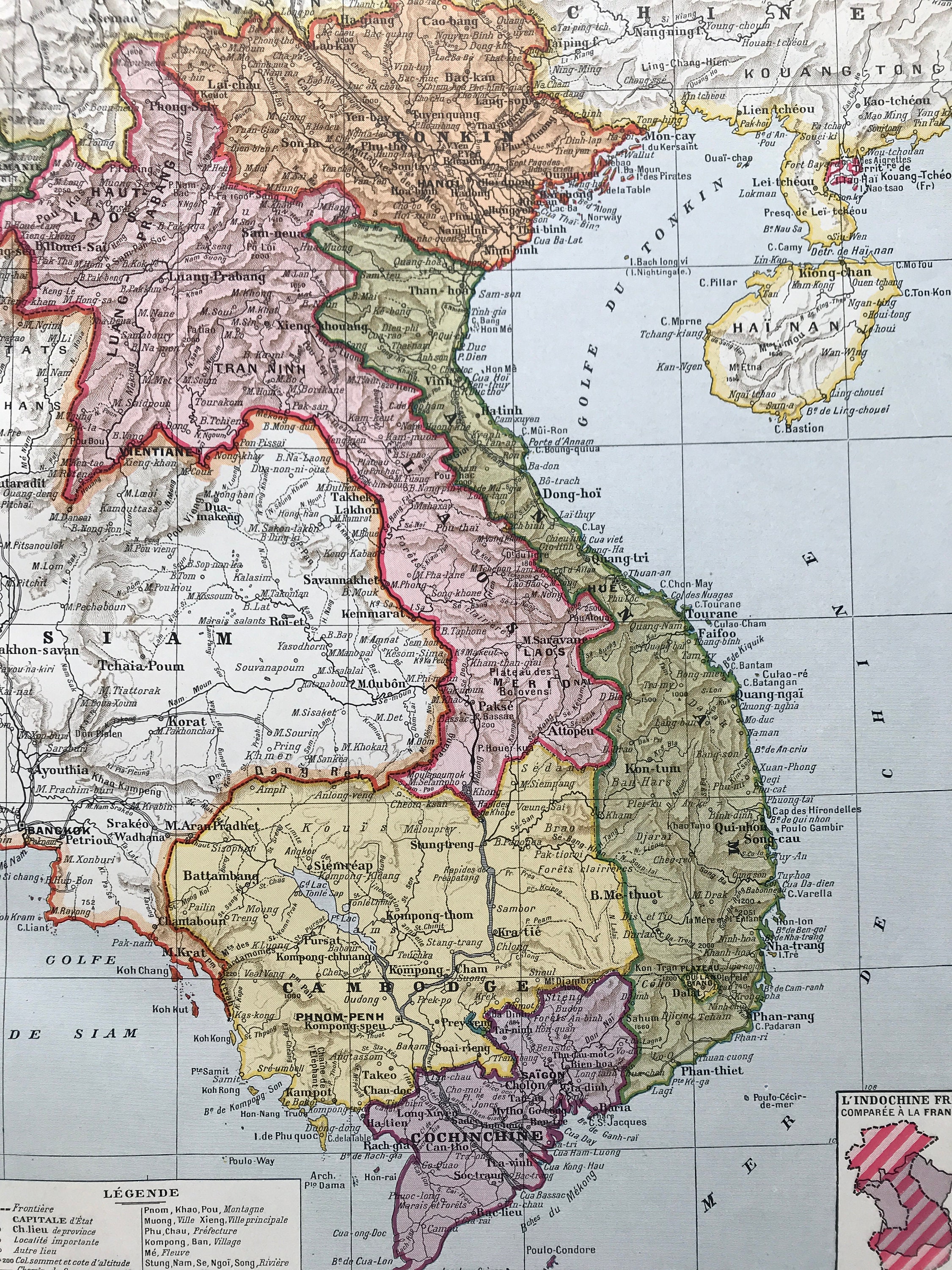 1931 Indochina Original Antique Map Southeast Asia Thailand Siam