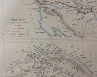 1871 Central America Showing the proposed junctions of Atlantic and Pacific Oceans Original Antique Map - Guatemala - Panama Canal