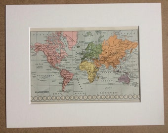 1923 Original Antique World Map - Mounted and Matted - Decorative