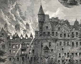 1883 Fire at Cortachy Castle, Scotland, The Seat of the Earl of Airlie Original Antique Engraving - Victorian Decor - Angus