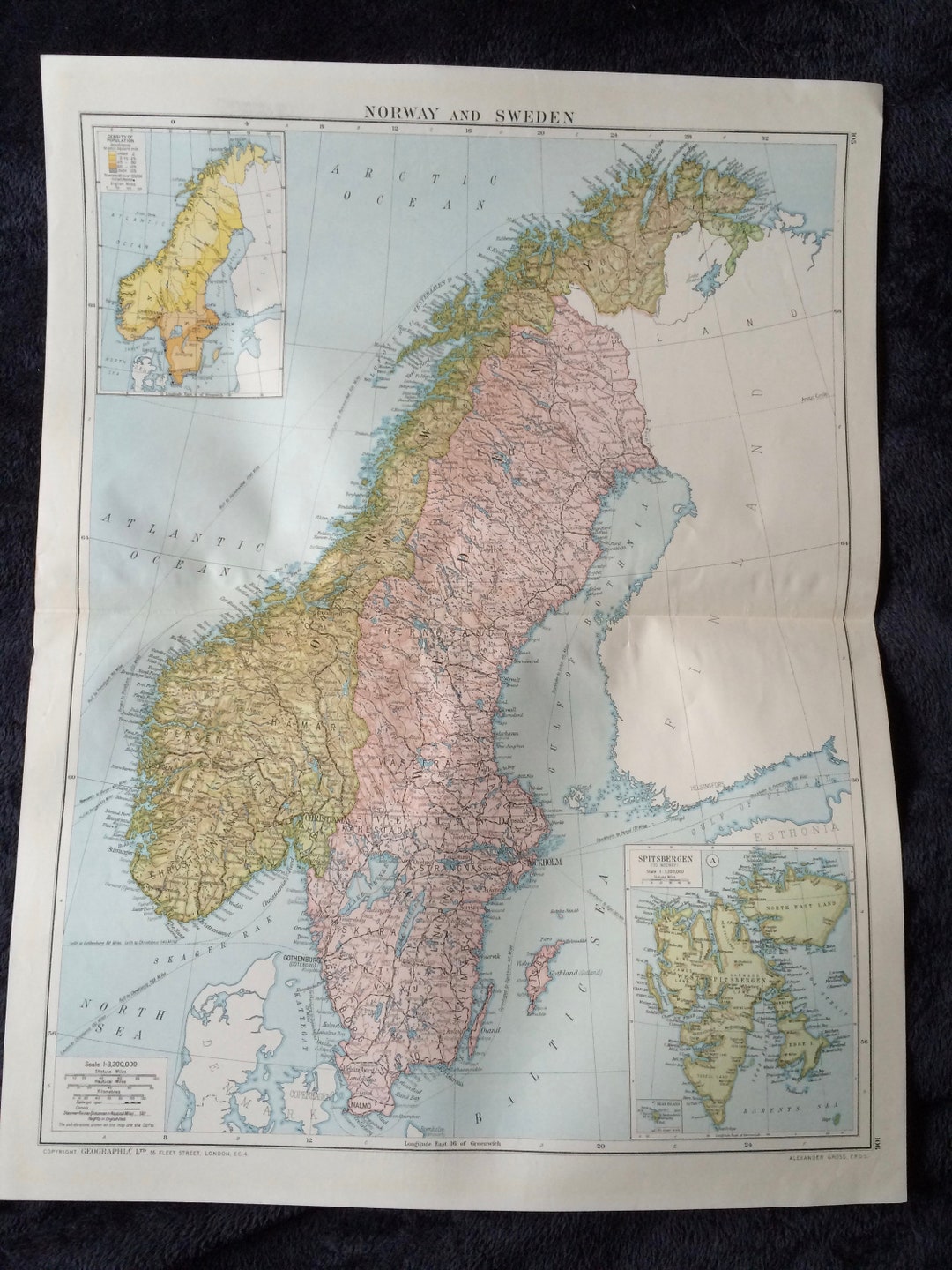 1920 Norway and Sweden Extra Large Original Antique Map With Inset Maps
