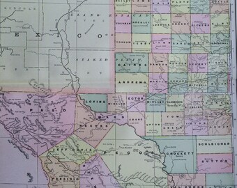 1901 TEXAS (West) Large Original Antique Map, 22.5 x 14.5 inches, Home Decor, Cartography, Geography, Vintage Decor, US State Map