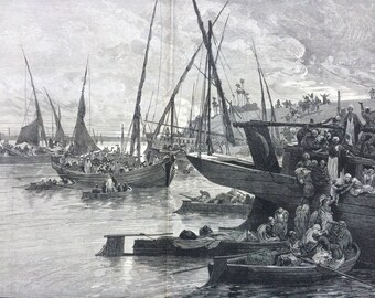 1883 The Cholera in Egypt, Inhabitants of Boulak, Cairo crowding into barges on the Nile Original Antique Engraving, Victorian Decor