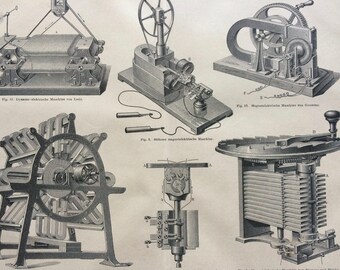 1877 Electromagnetic Machines Original Antique print - Available Framed - Victorian Technology - Victorian Decor