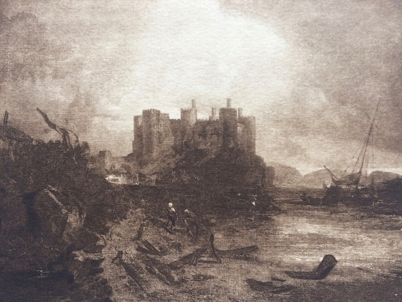 Fine Art Landscape Sepia Wales 1902 Conway Castle by Turner Original Antique Matted Photogravure William Turner