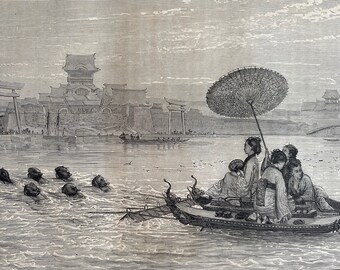 1880 A Japanese Ferry Boat of the Ancien Regime Original Antique Print - Japan - Mounted and Matted - Available Framed