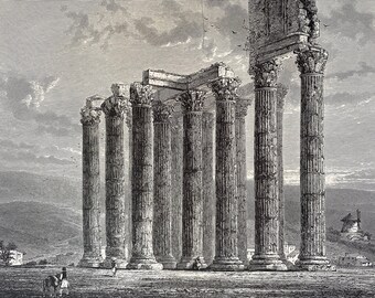 1876 Ruins of the Temple of Jupiter, Olympius Original Antique Engraving - Greece - Mounted and Matted - Available Framed