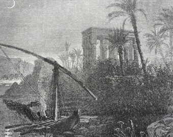 1880 Hypaethral Temple at Philae Original Antique Engraving - Egypt - Mounted and Matted - Available Framed