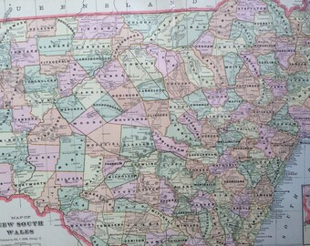 1901 NEW SOUTH WALES Large Original Antique Map, 22.5 x 14.5 inches, Home Decor, Cartography, Geography, Vintage Decor