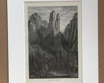 1895 Cathedral Spires Original Antique Wood Engraving - Mounted and Matted - Yosemite - California - Decorative Art - Available Framed