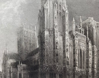 1836 Wells Cathedral - West Front Original Antique Engraving - Architecture - Somerset - Mounted and Matted - Available Framed