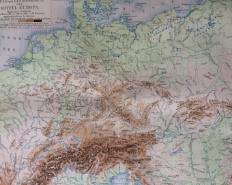 1894 Physical map of Central Europe Original Antique Map - Mountains and Rivers - Available Framed - Vintage Map
