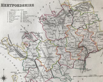 1845 Hertfordshire Original Antique Hand-Coloured Engraved Map - UK County Map - Available Framed - Cartography - Wall Decor - England