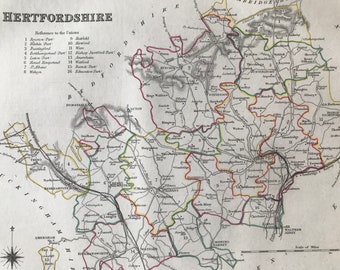 1845 Hertfordshire Original Antique Hand-Coloured Engraved Map - UK County Map - Available Framed - Cartography - Wall Decor - England