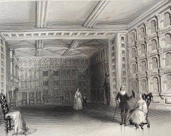 1840 Interior of a Room at Malahide Castle, Dublin Original Antique Engraving - Ireland - Mounted and Matted - Available Framed