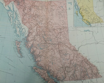 1920 British Columbia Extra Large Original Antique Map showing railways open and under construction, Canals and steamer routes - Canada